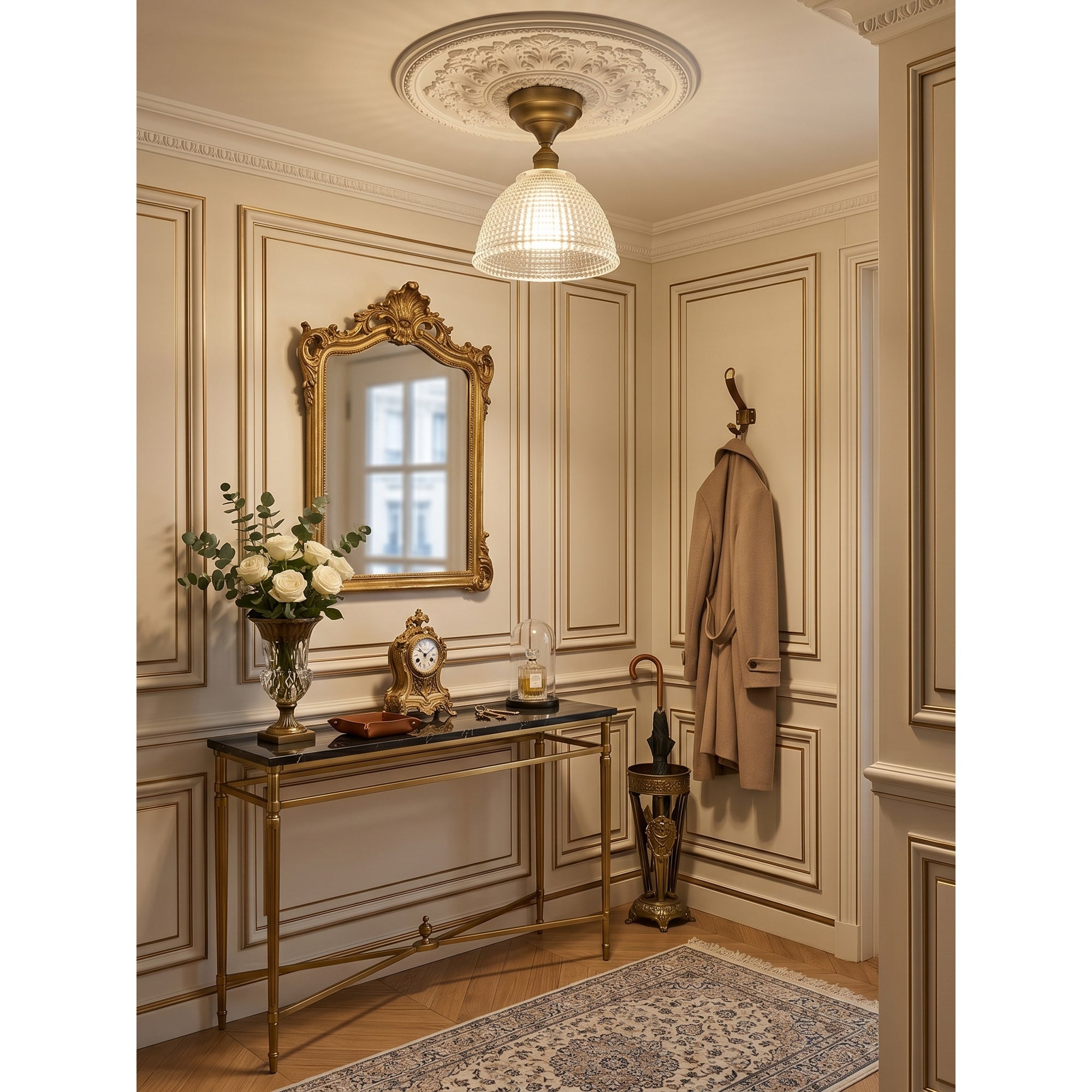 Prismatic Glass Dome Antique Brass Semi-Flush Ceiling Light