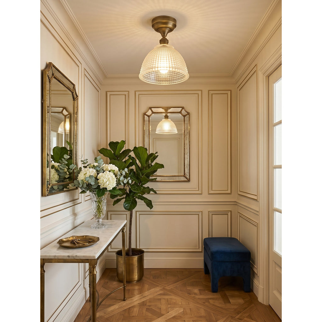 Prismatic Glass Dome Antique Brass Semi-Flush Ceiling Light