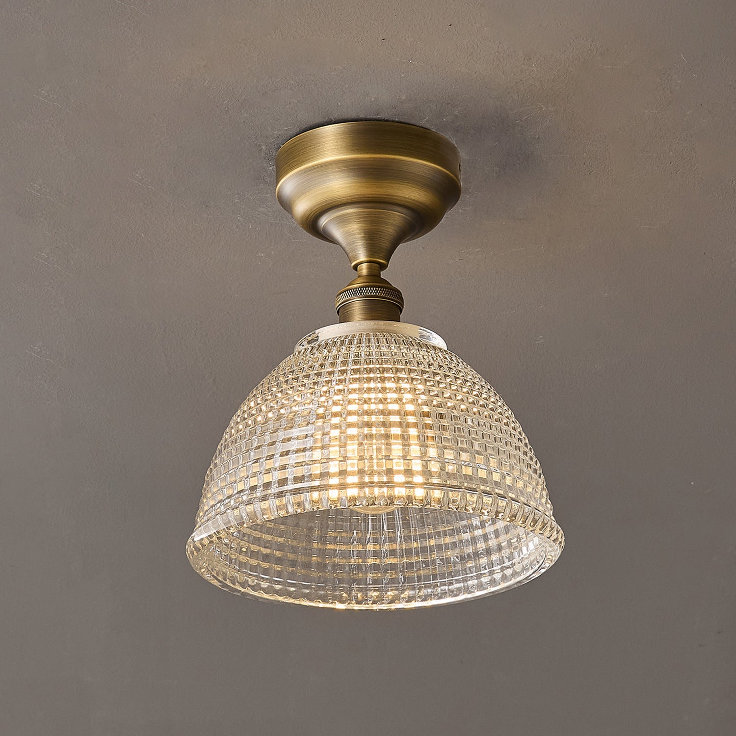 Prismatic Glass Dome Antique Brass Semi-Flush Ceiling Light
