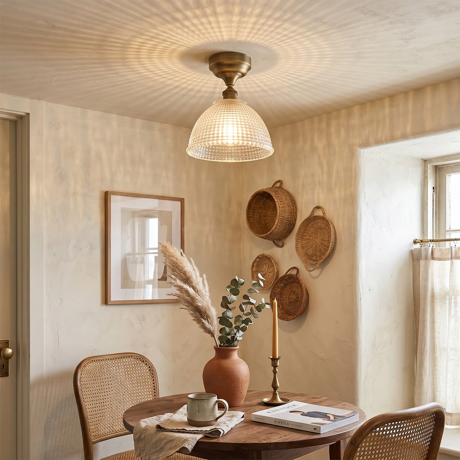 Prismatic Glass Dome Antique Brass Semi-Flush Ceiling Light