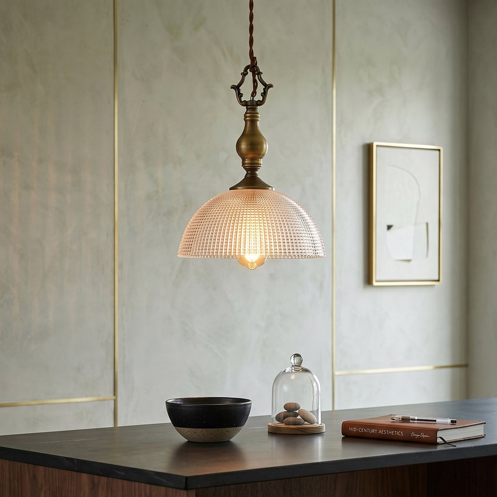 Prismatic Glass Dome Antique Brass Pendant Light