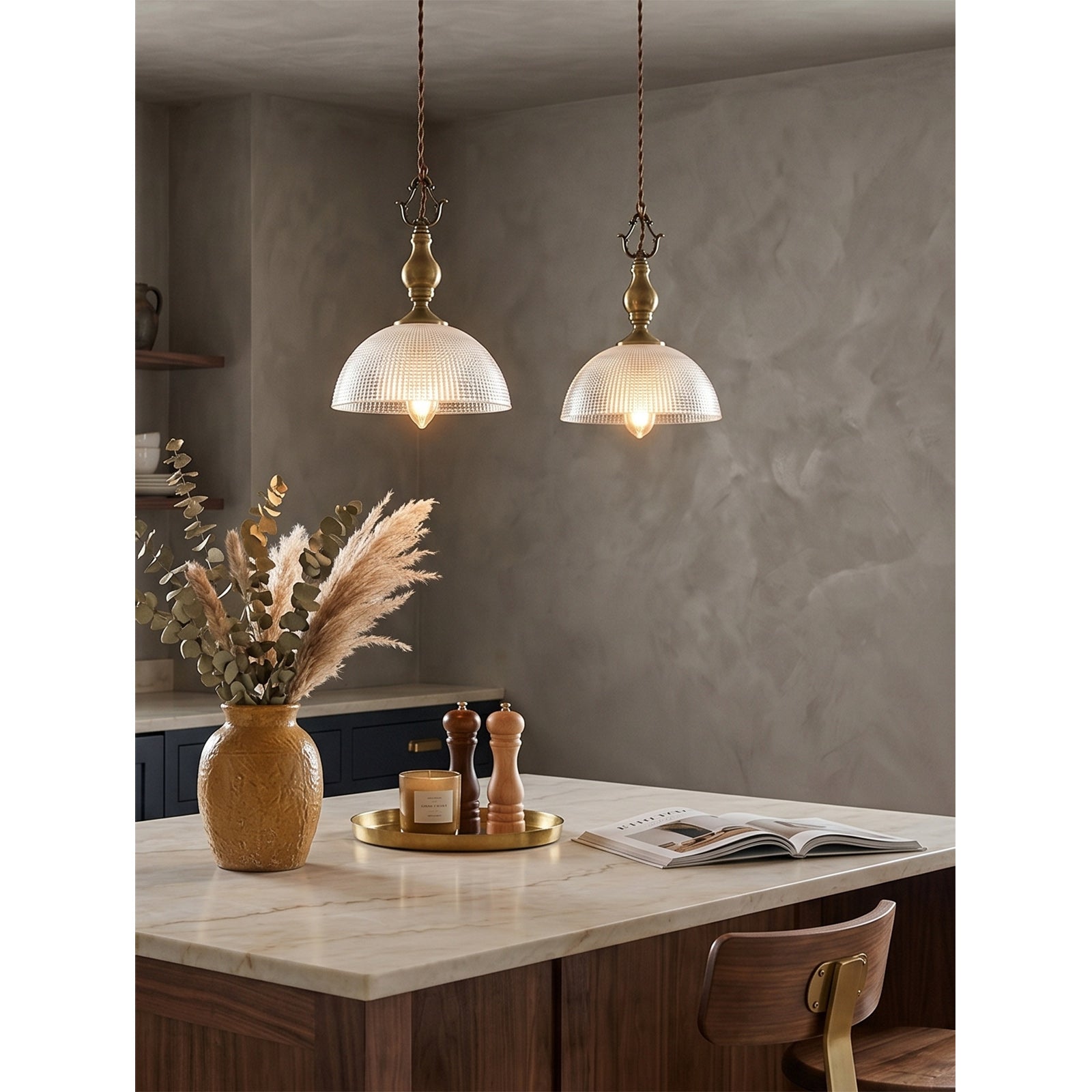Prismatic Glass Dome Antique Brass Pendant Light