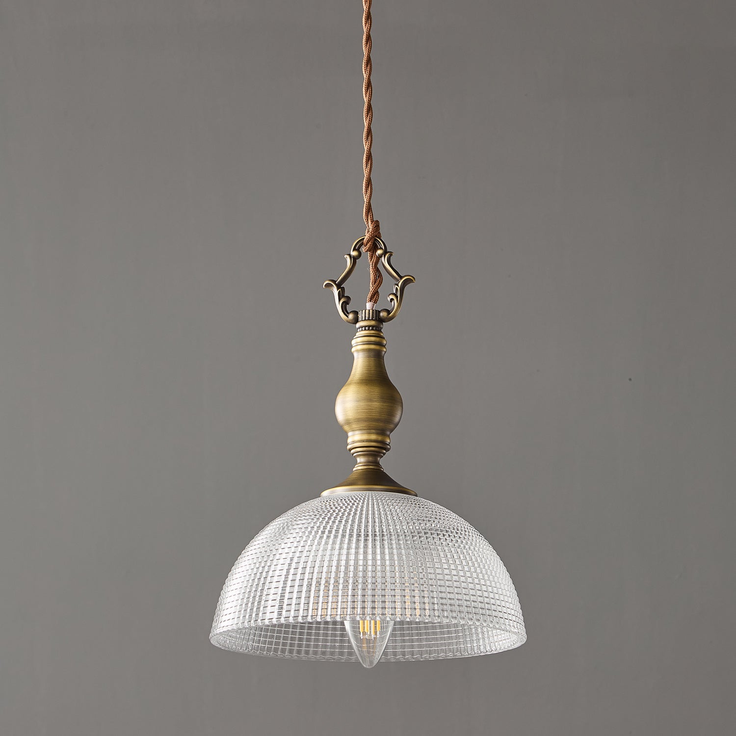 Prismatic Glass Dome Antique Brass Pendant Light