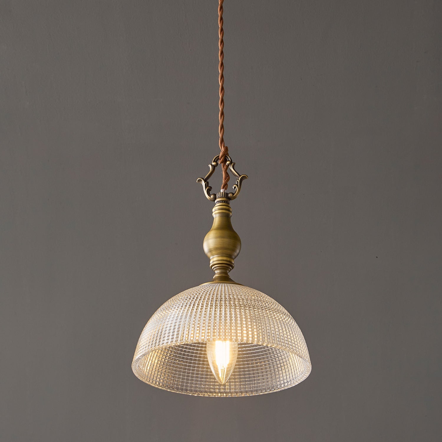 Prismatic Glass Dome Antique Brass Pendant Light