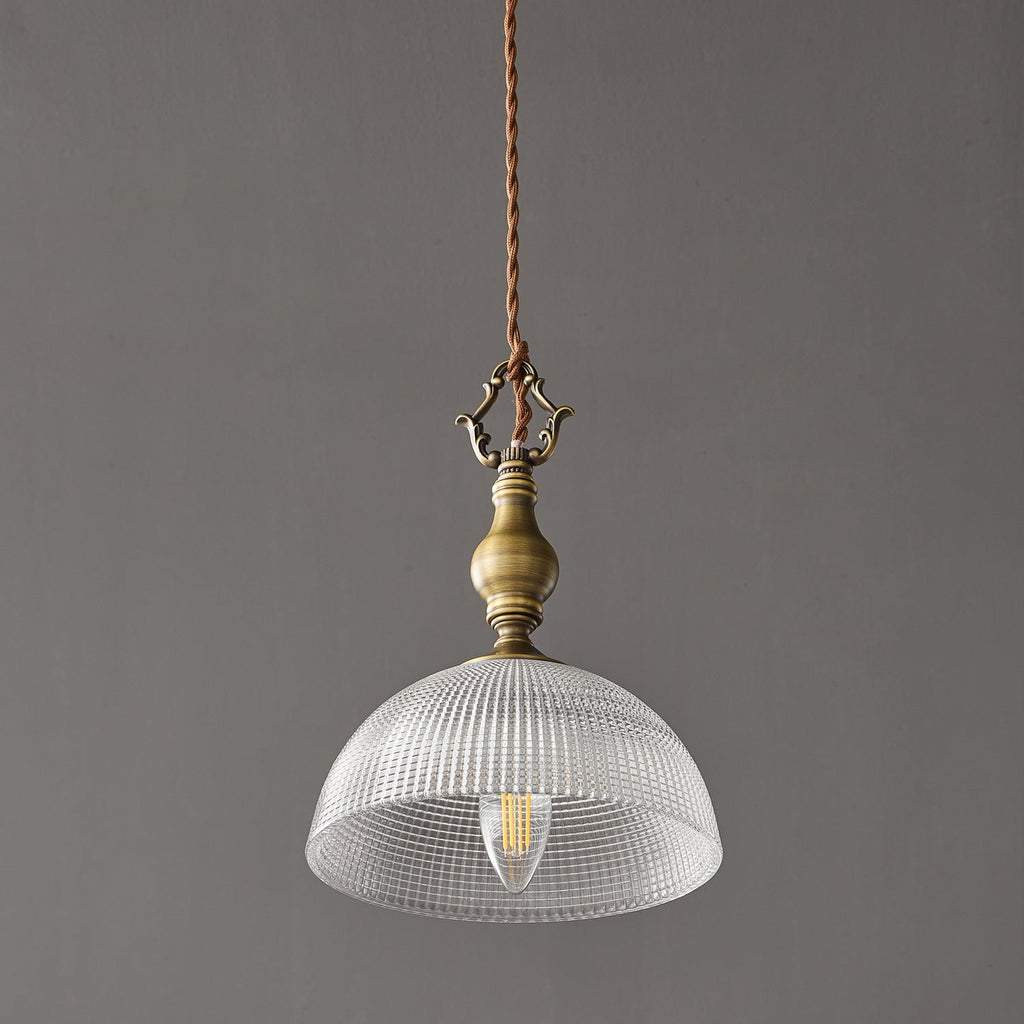 Prismatic Glass Dome Antique Brass Pendant Light