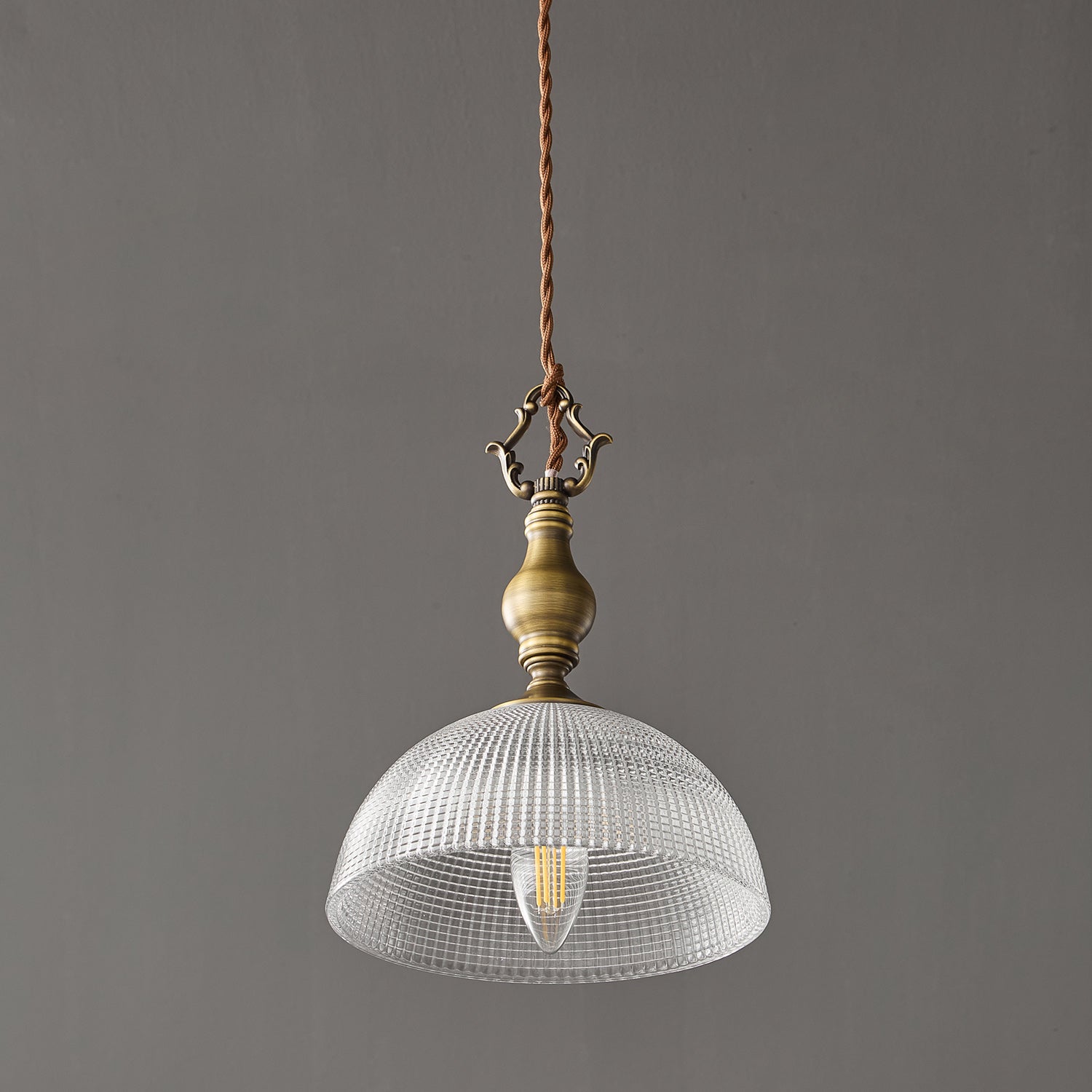 Prismatic Glass Dome Antique Brass Pendant Light