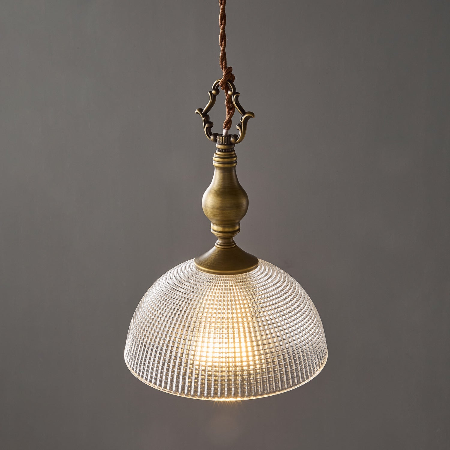 Prismatic Glass Dome Antique Brass Pendant Light