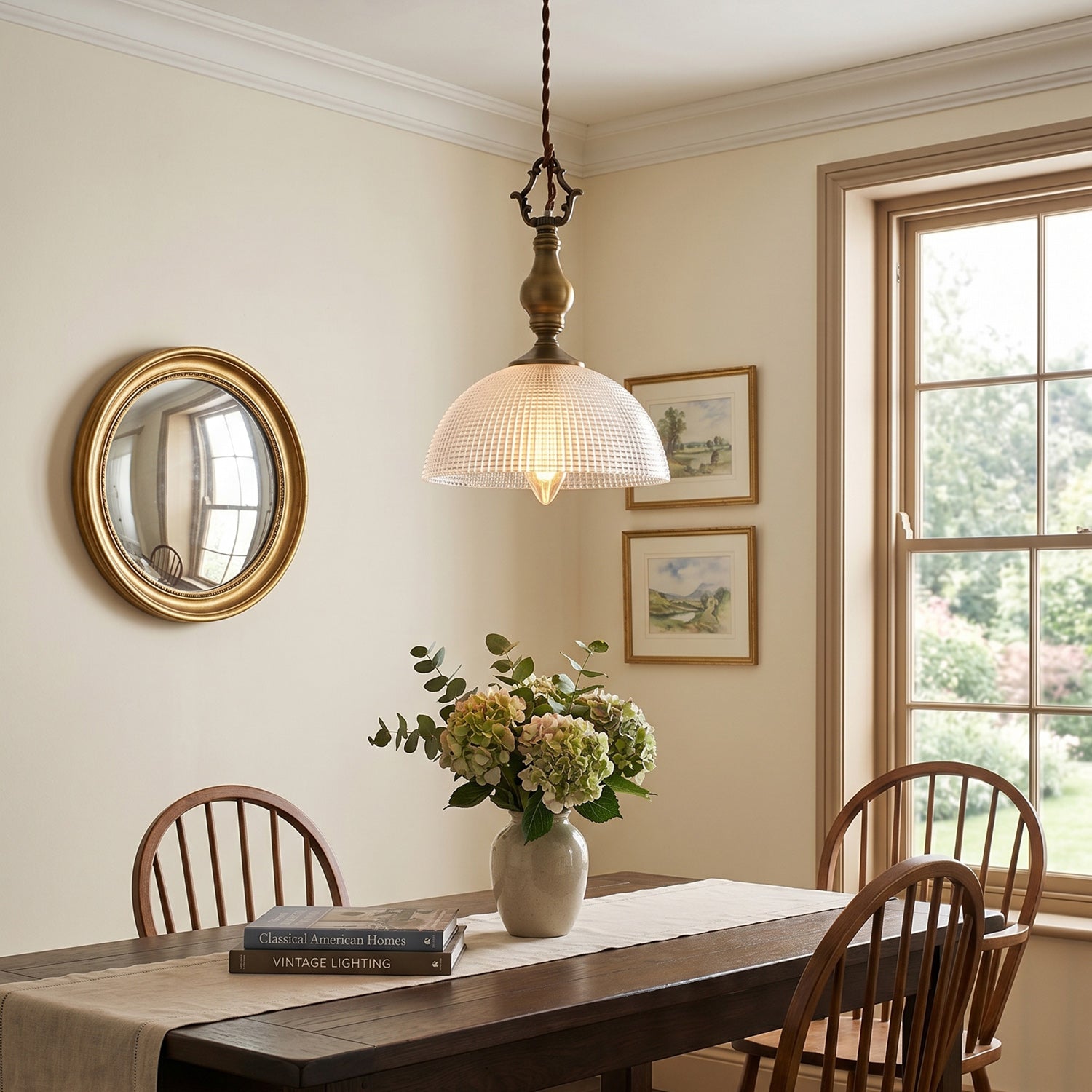 Prismatic Glass Dome Antique Brass Pendant Light