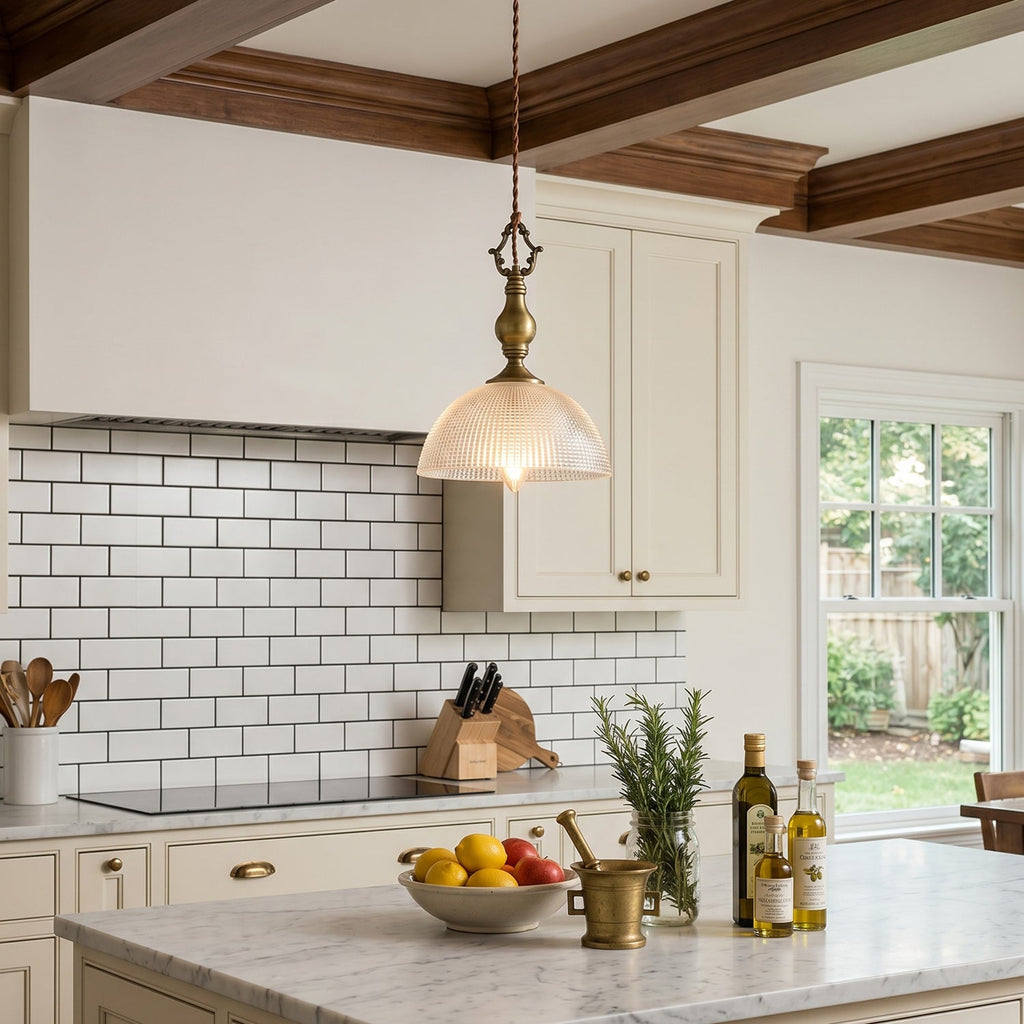 Prismatic Glass Dome Antique Brass Pendant Light
