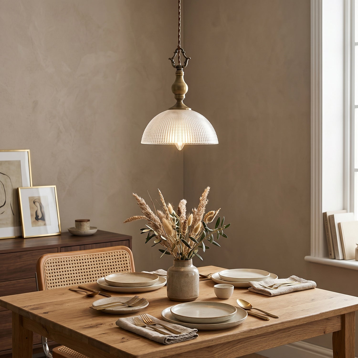 Prismatic Glass Dome Antique Brass Pendant Light