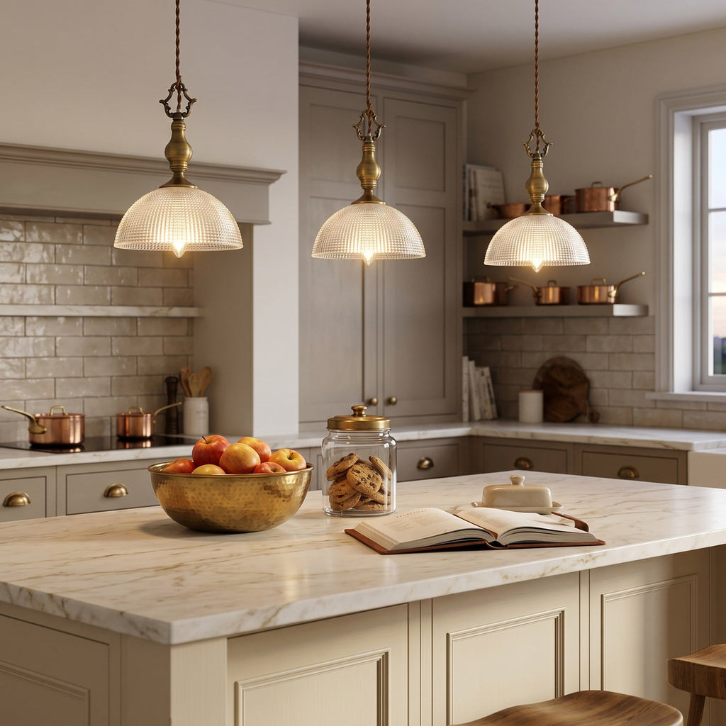 Prismatic Glass Dome Antique Brass Pendant Light