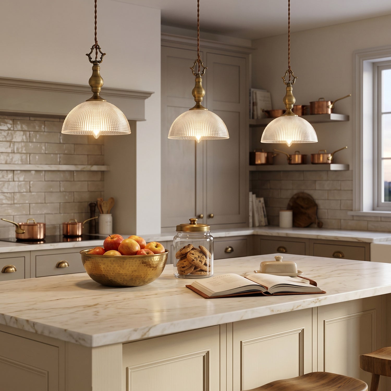 Prismatic Glass Dome Antique Brass Pendant Light