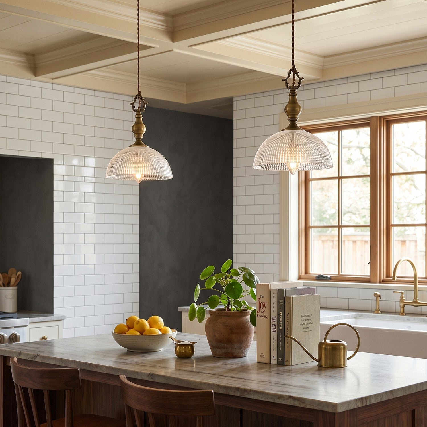 Prismatic Glass Dome Antique Brass Pendant Light