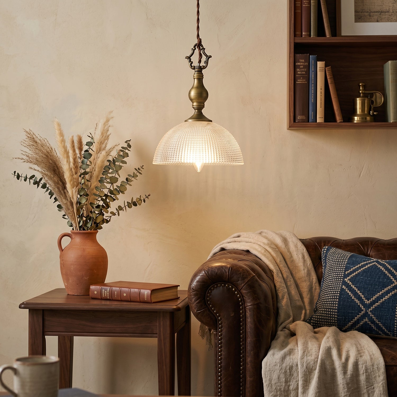 Prismatic Glass Dome Antique Brass Pendant Light