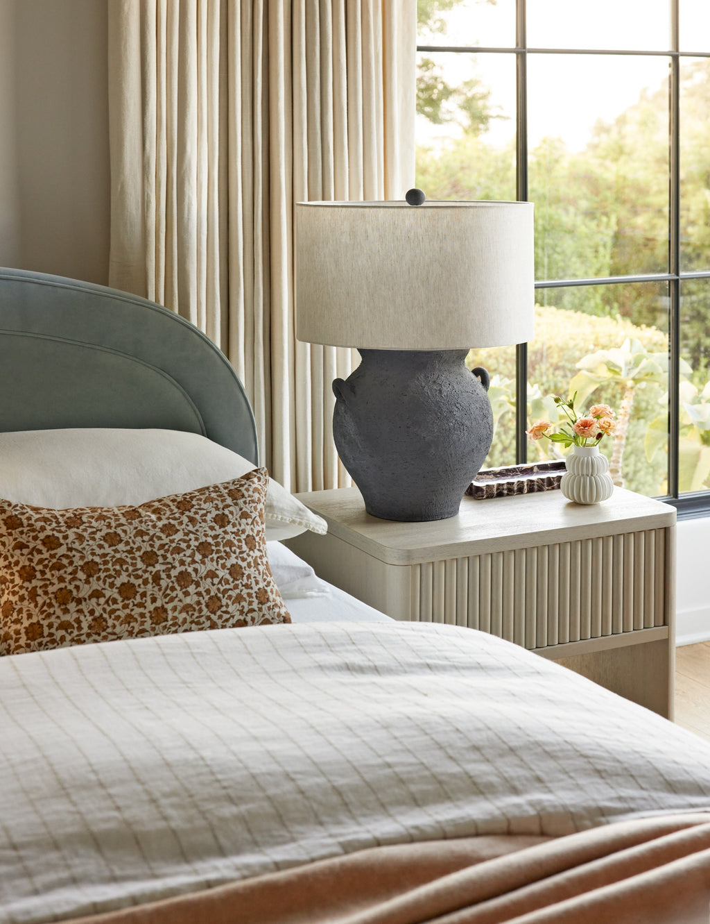 Liora Linen Pillow | Handmade Block Print, Floral Motif