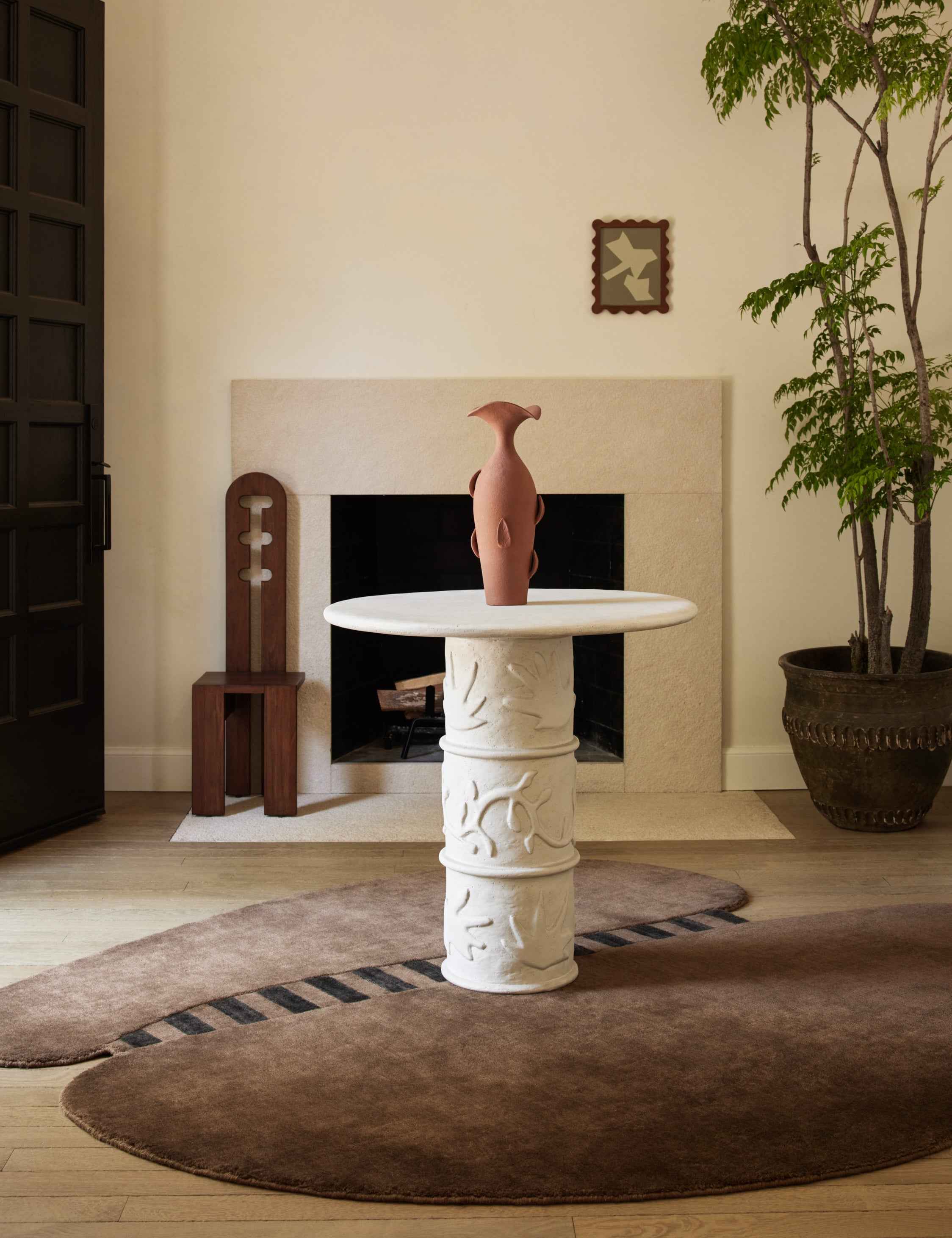 Riva Accent Stool | Tall Cutout Back, Rich Mahogany Grain
