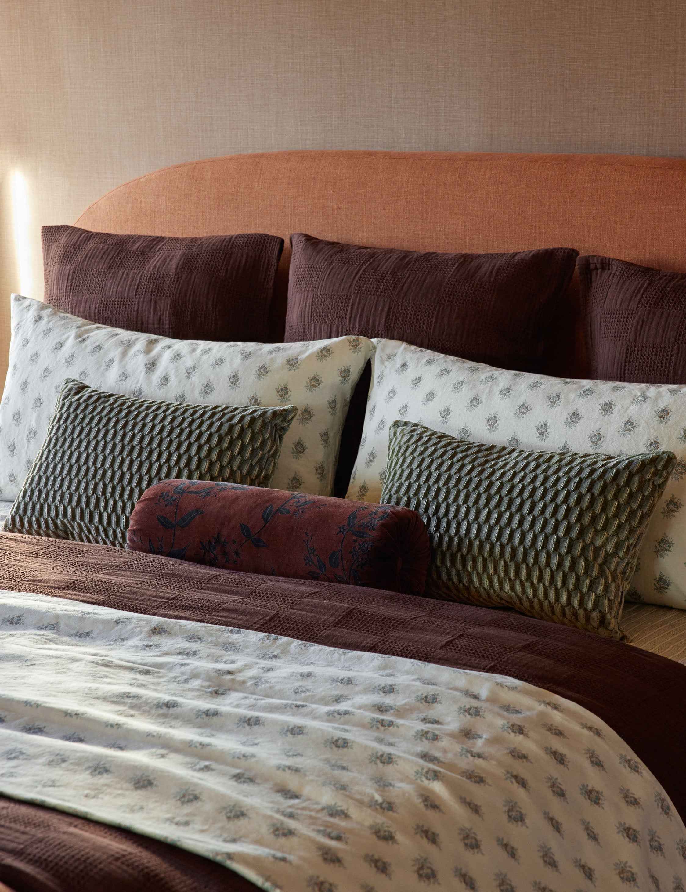 Carmine Velvet Bolster Pillow | Dark Floral Print on Rich Red Velvet