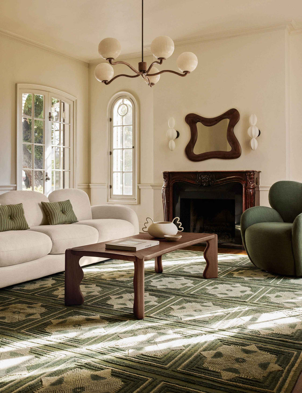 Nara Chandelier | Polished Wood Grain & Fluted Glass Globes