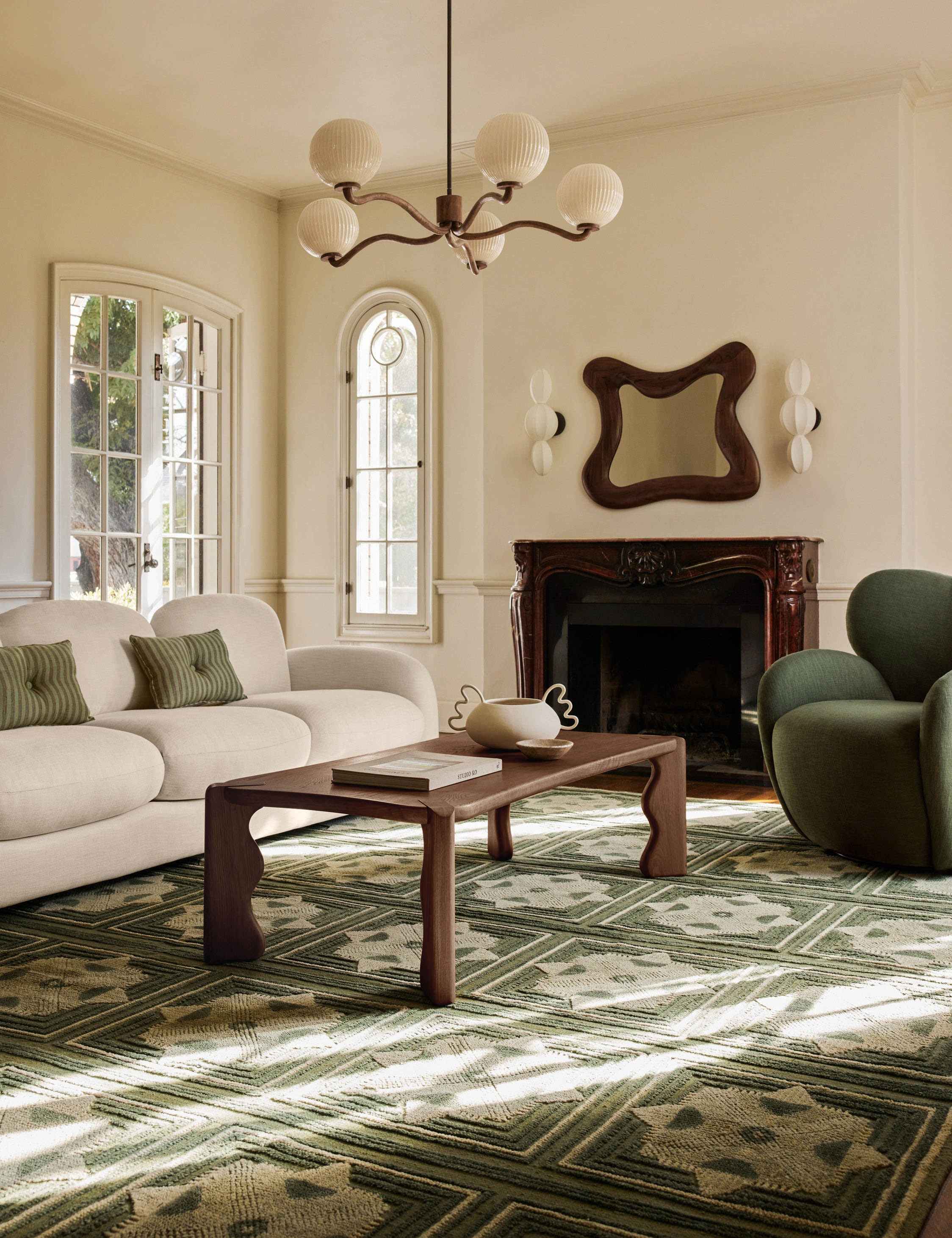 Nara Chandelier | Polished Wood Grain & Fluted Glass Globes