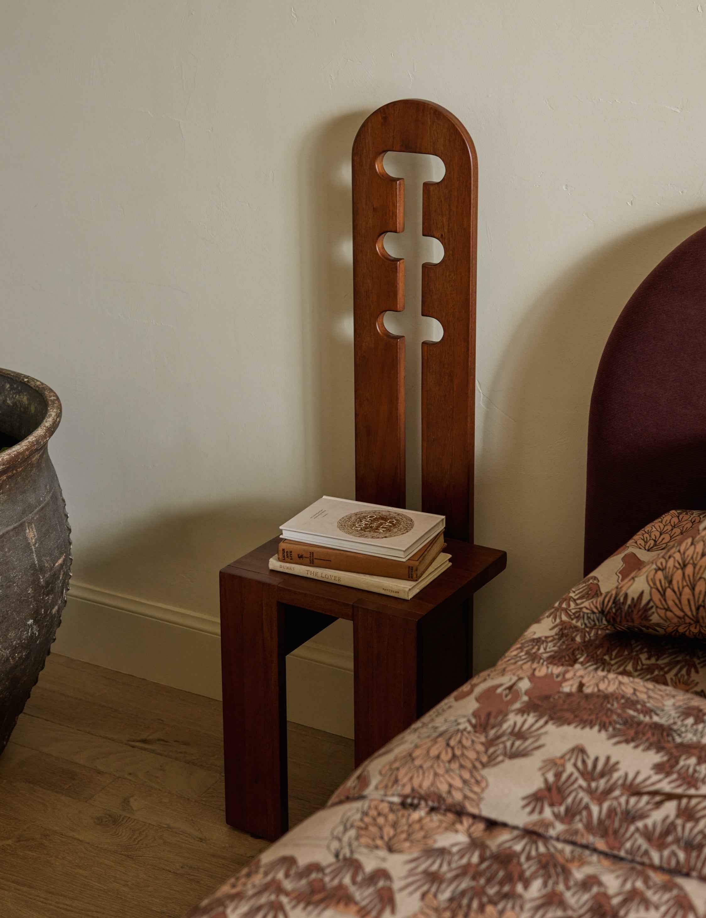 Riva Accent Stool | Tall Cutout Back, Rich Mahogany Grain