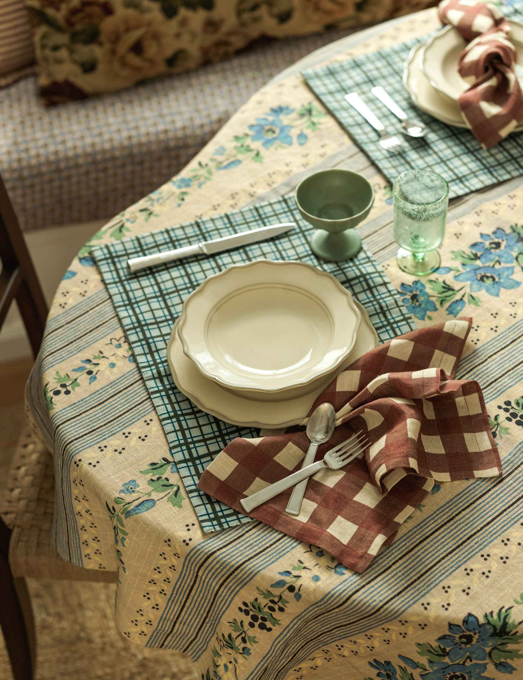 Briar Tablecloth | Floral Stripe, Soft Blue and Green