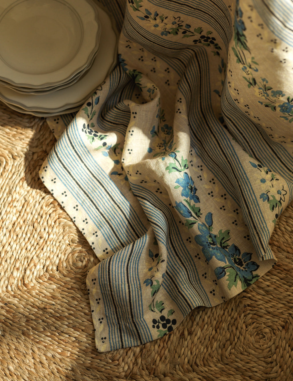 Briar Tablecloth | Floral Stripe, Soft Blue and Green