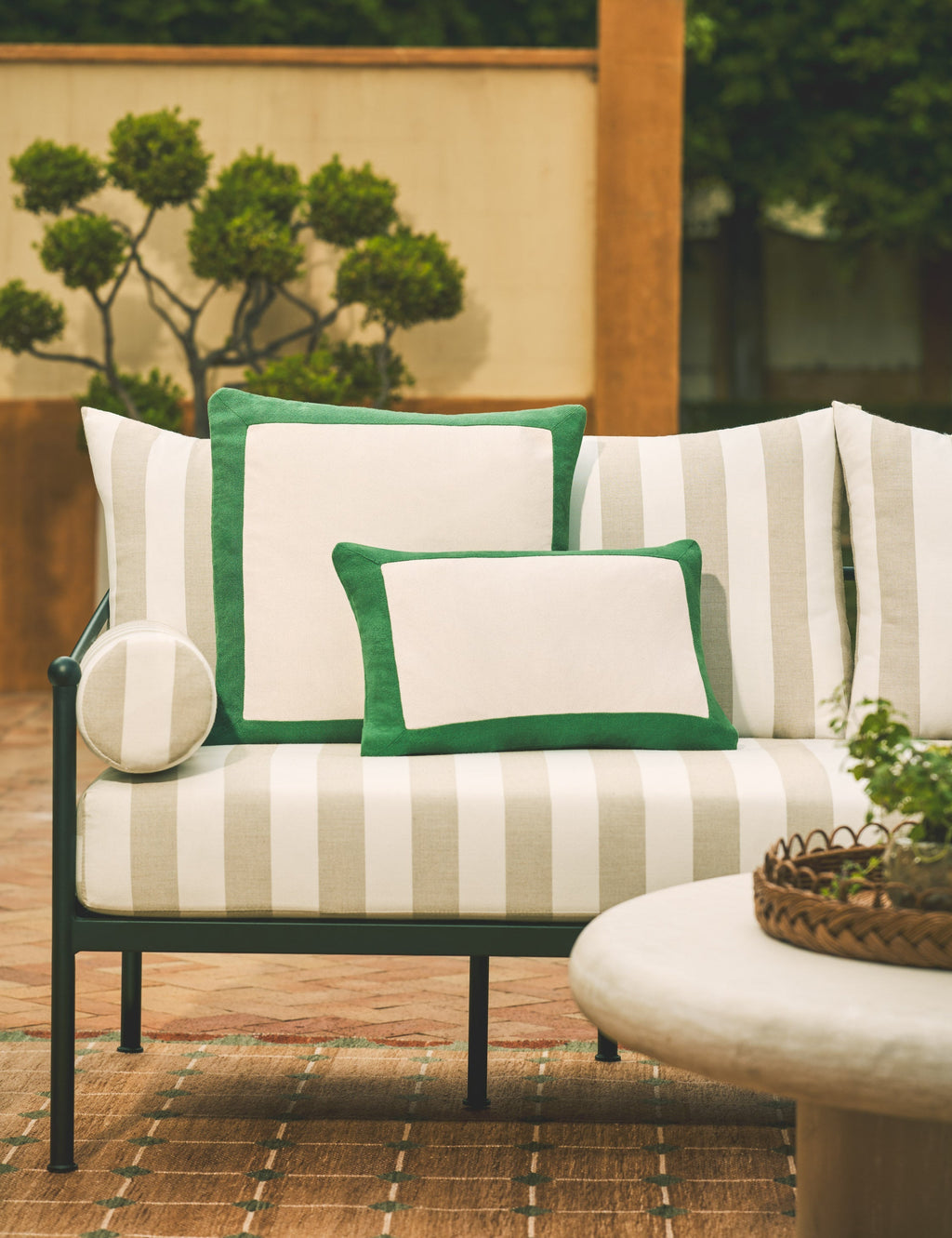 Amica Outdoor Pillow | Colorful Border, Antique White Center