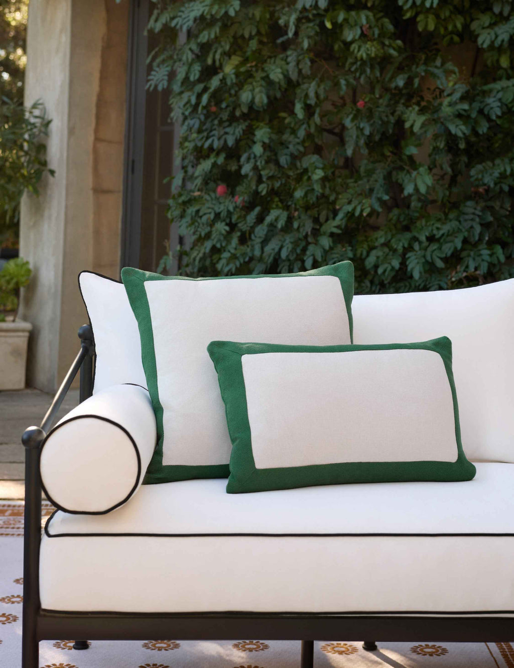 Amica Outdoor Pillow | Colorful Border, Antique White Center