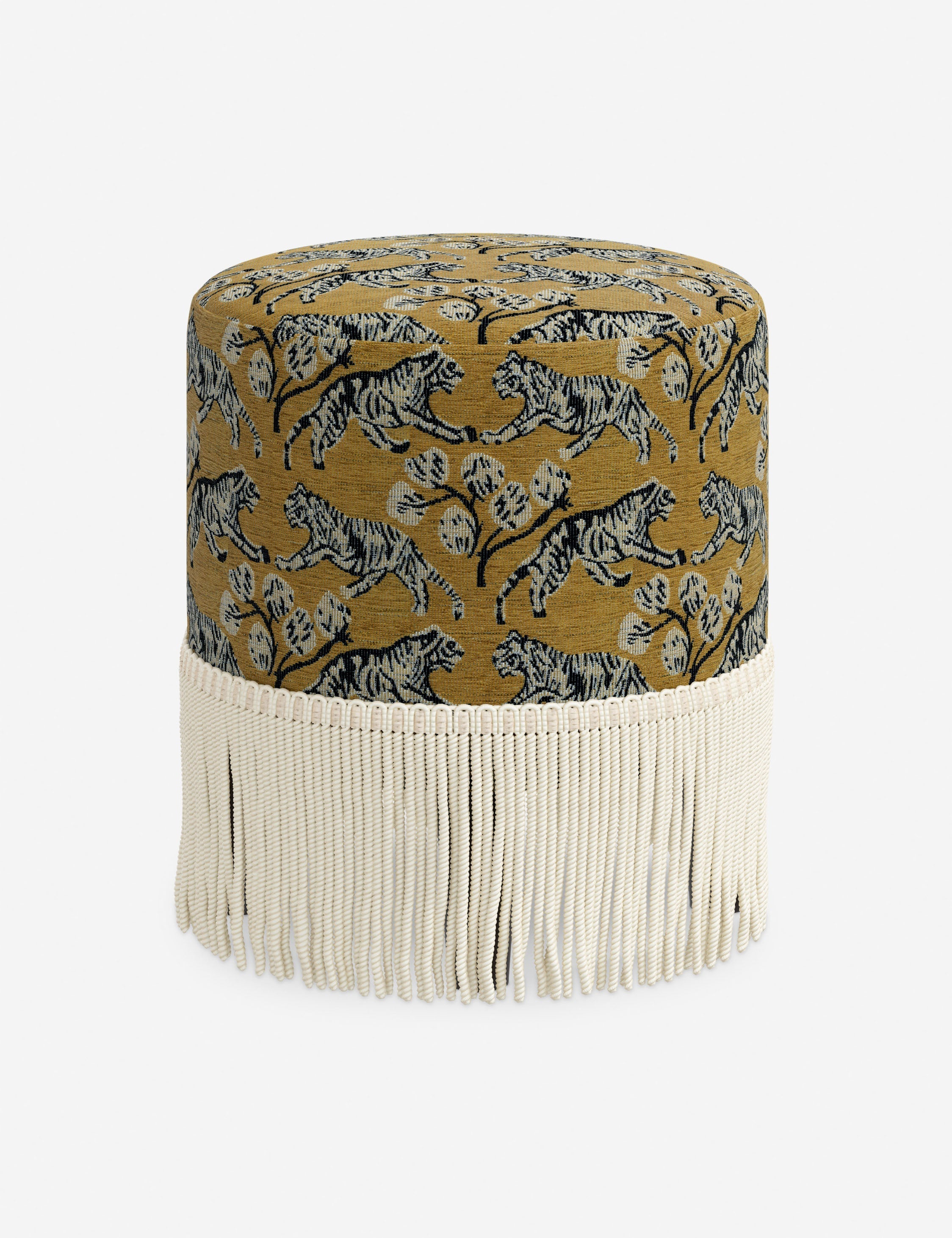 Aura Round Ottoman | Fringe Trim, Custom Upholstery