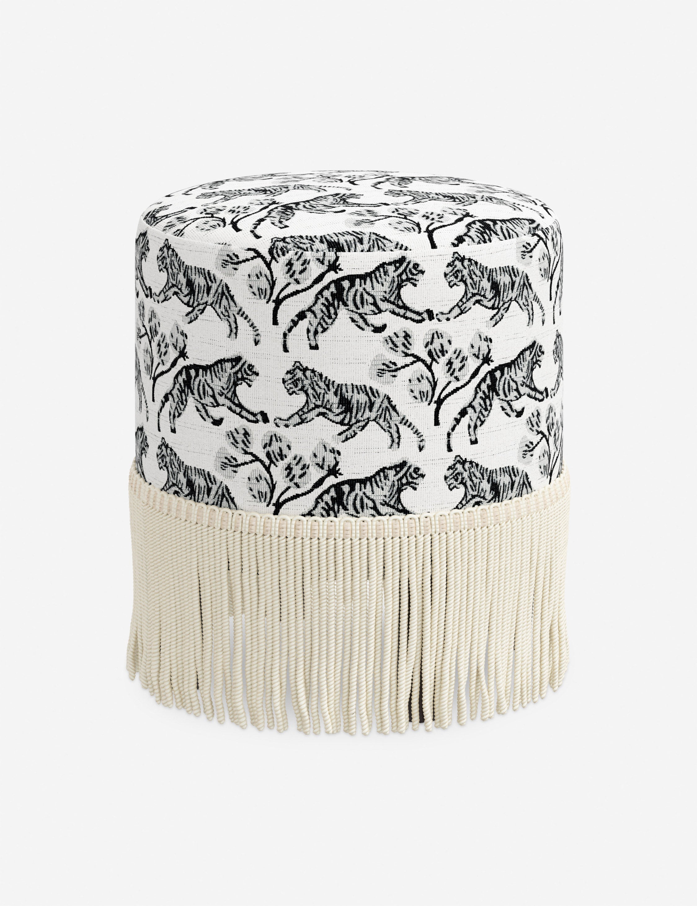 Aura Round Ottoman | Fringe Trim, Custom Upholstery