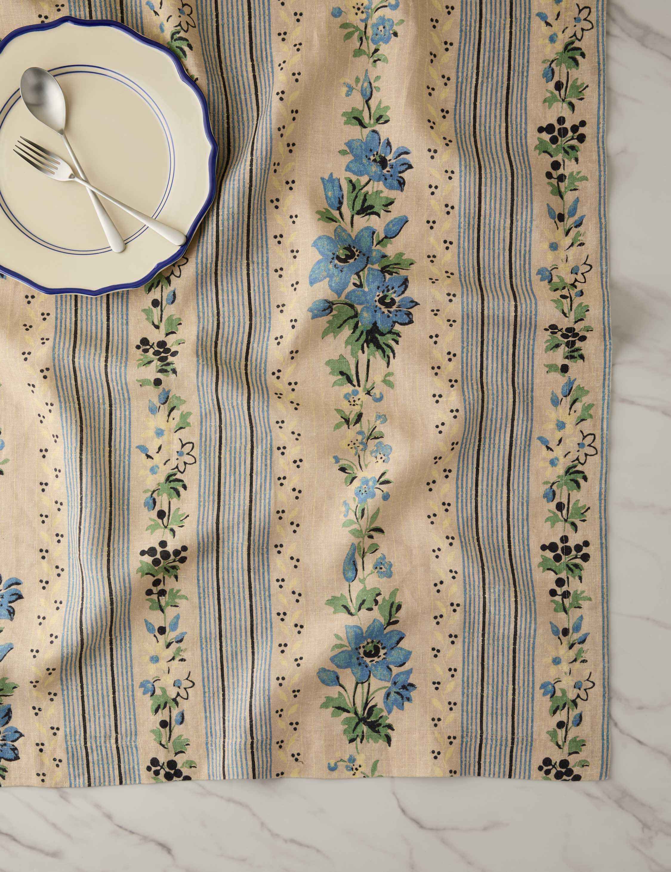 Briar Tablecloth | Floral Stripe, Soft Blue and Green