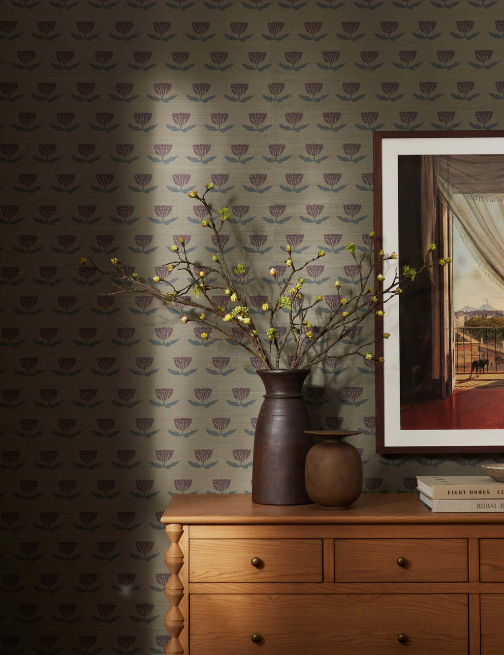 Juno Grasscloth Wallpaper | Hand-Sketched Floral Design