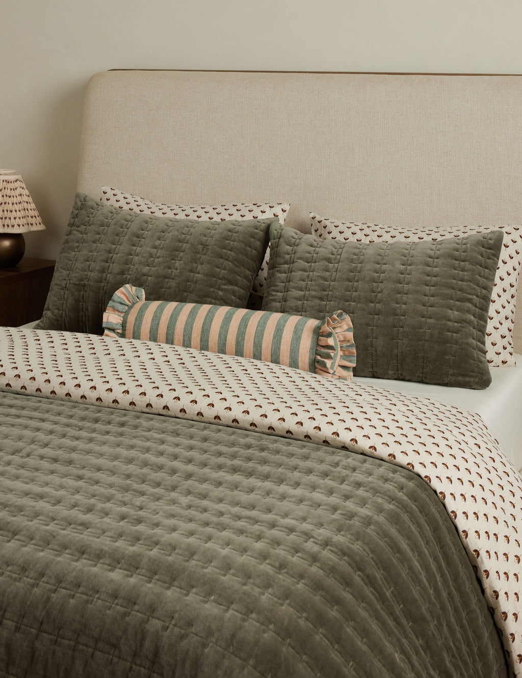 Bello Linen Bolster Pillow | Striped Design, Ruffled Ends