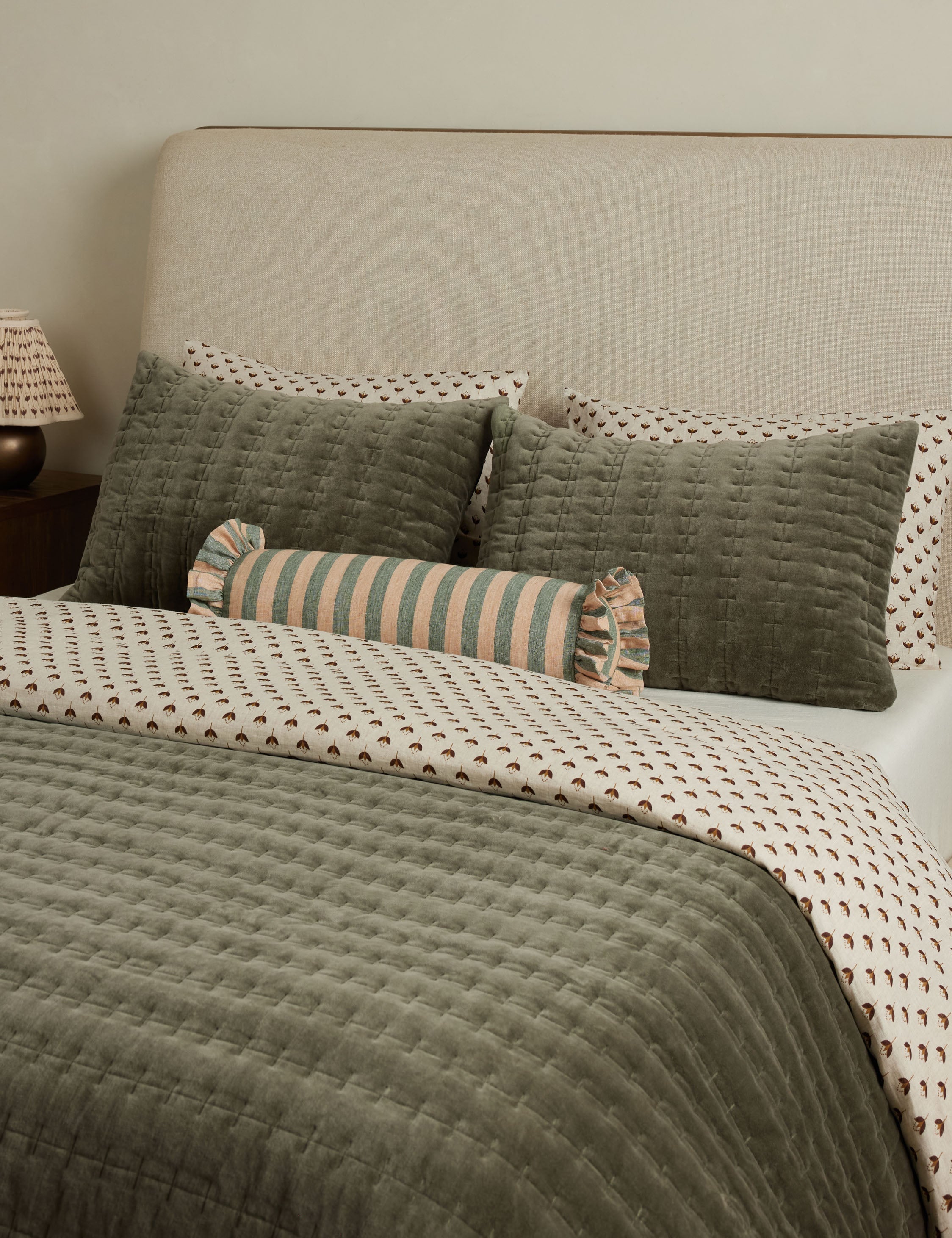 Bello Linen Bolster Pillow | Striped Design, Ruffled Ends