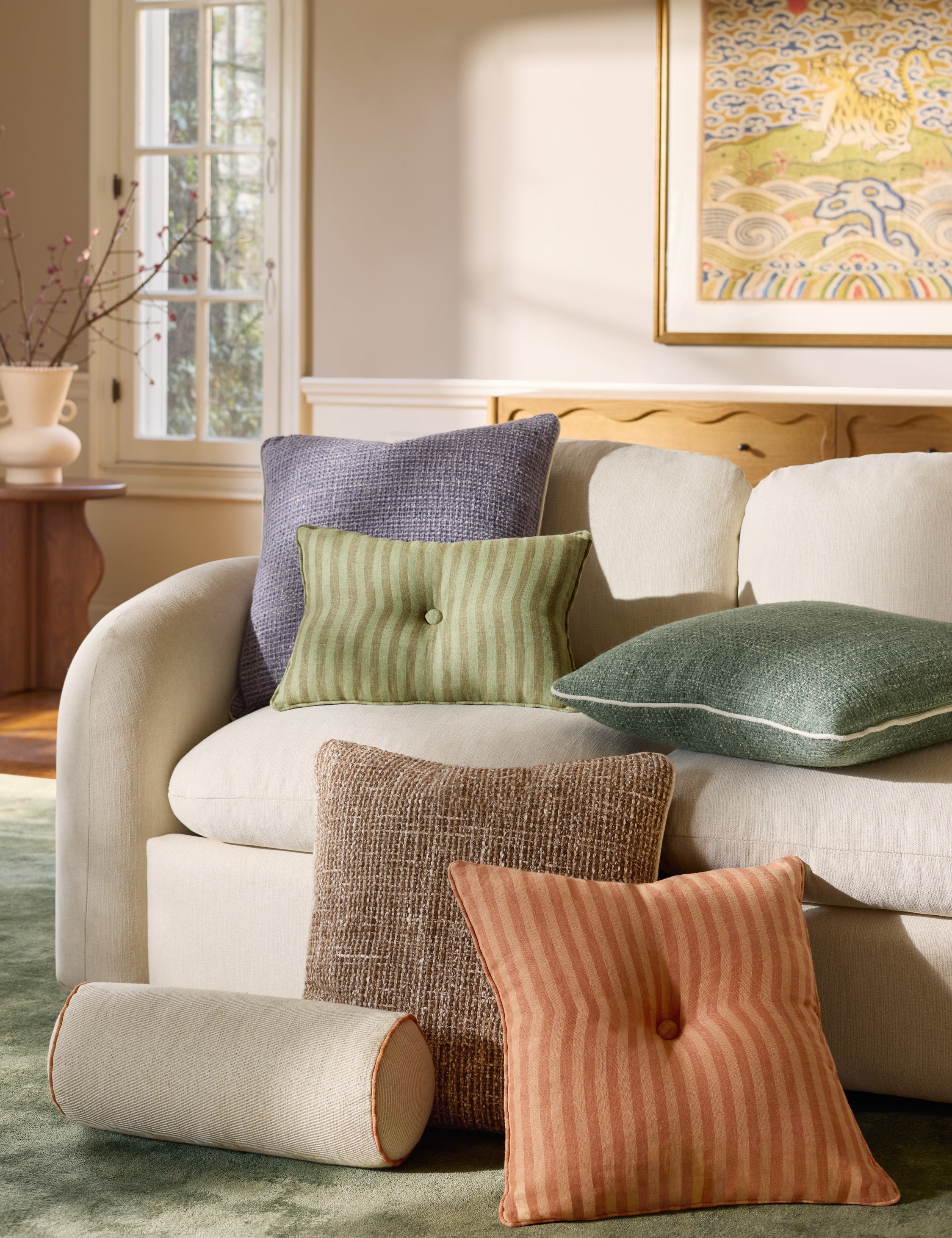 Waverly Pillow | Linen with Striped Design and Tufted Button