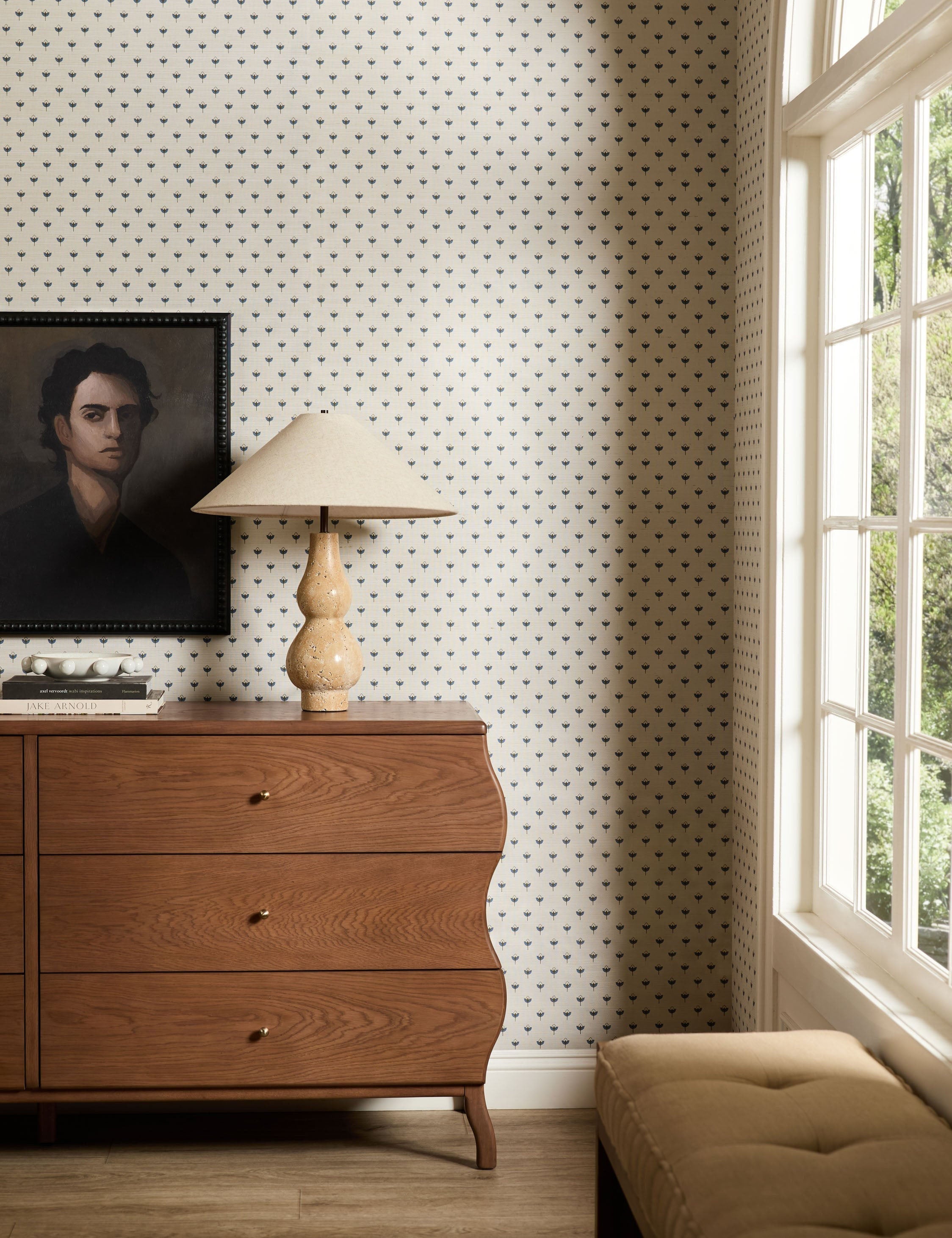 Pivo Grasscloth Wallpaper | Woven Texture, Minimal Floral Motif