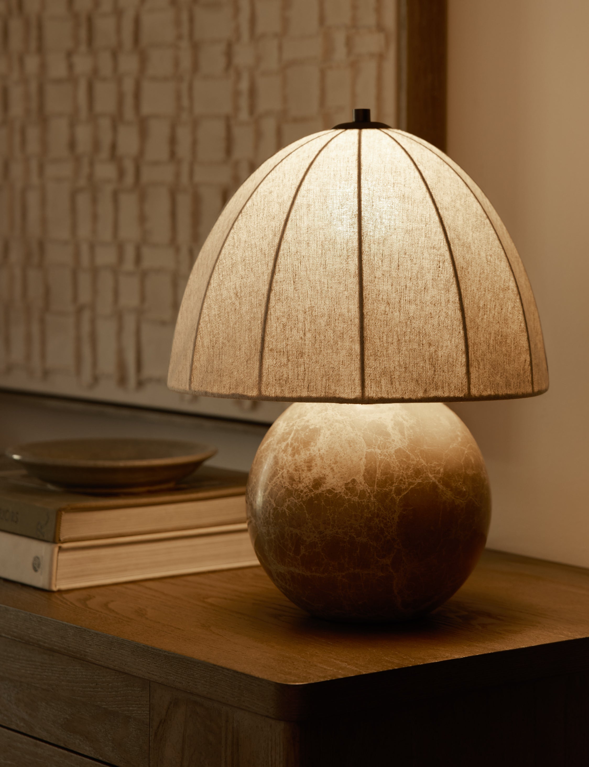 Izu Table Lamp | Stone Sphere Base, Linen Shade
