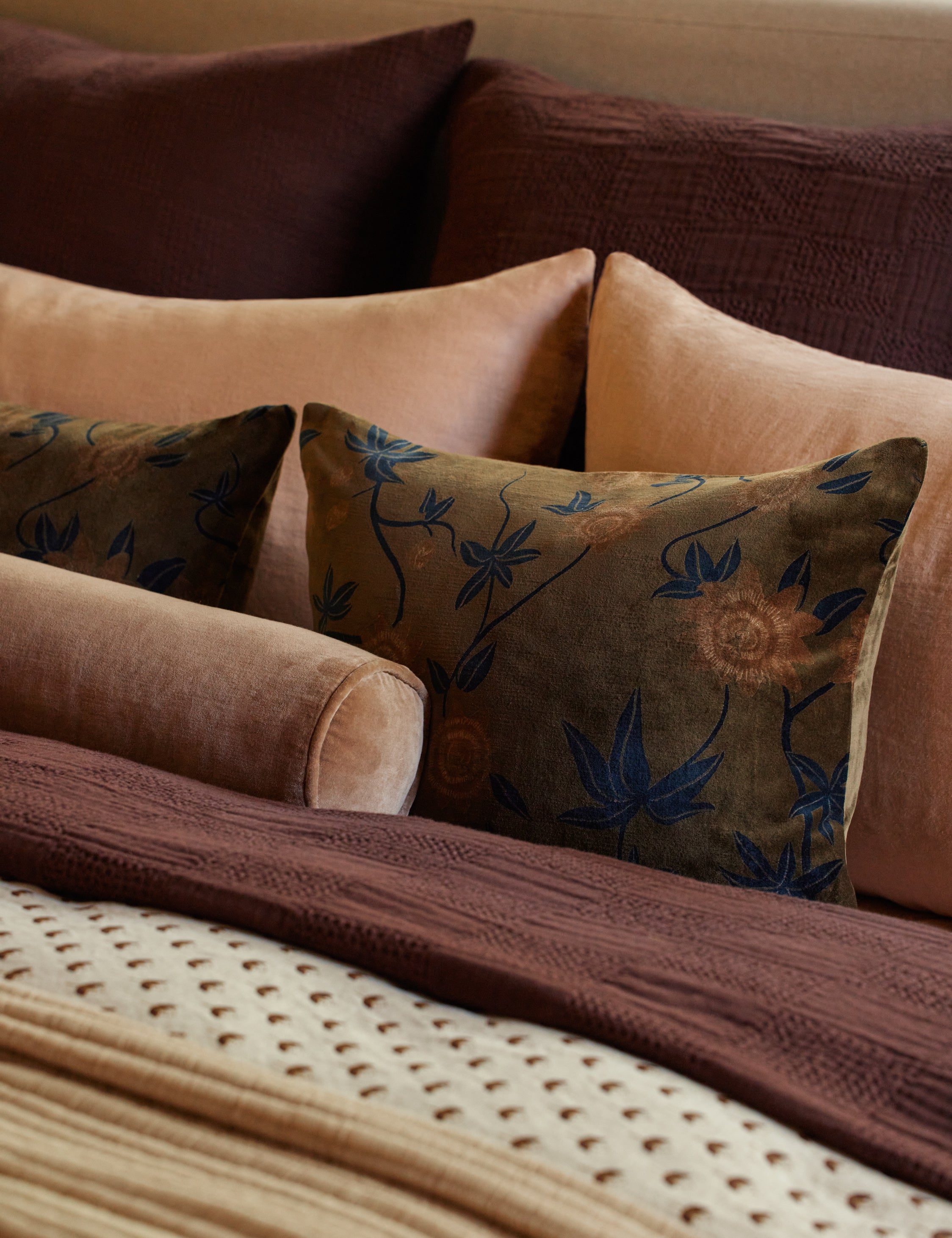 Riviera Velvet Pillow | Floral Print, Rich Palette