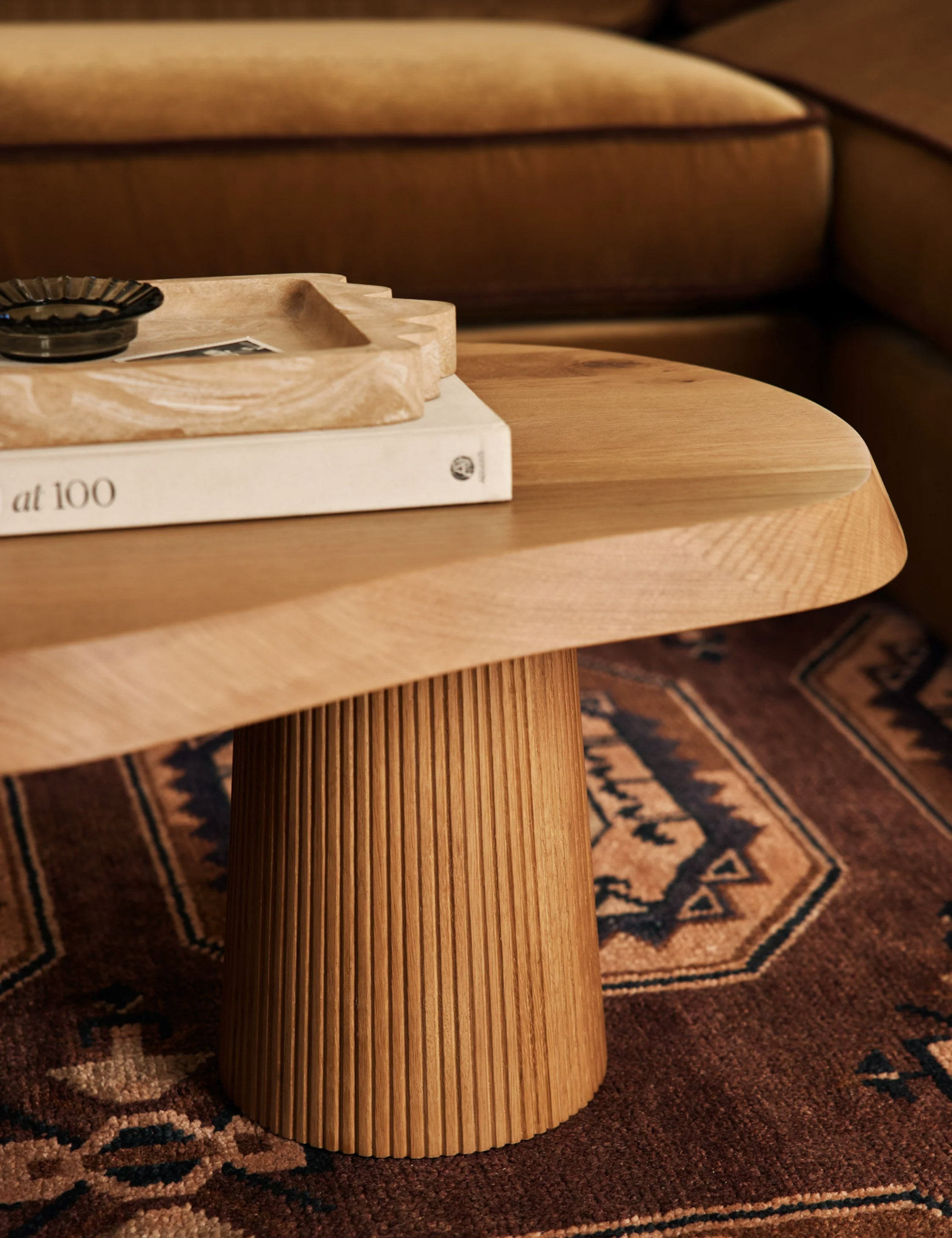 Cleo Coffee Table | Beveled Oak Top, Fluted Pillar Legs