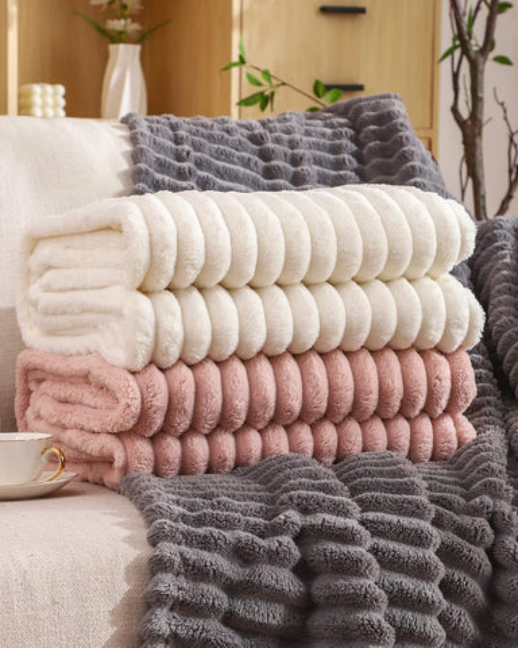 LumaFlaire: Warm Blanket in Elegant Striped Look with Soft Plush Comfort – for Couch & Bedroom