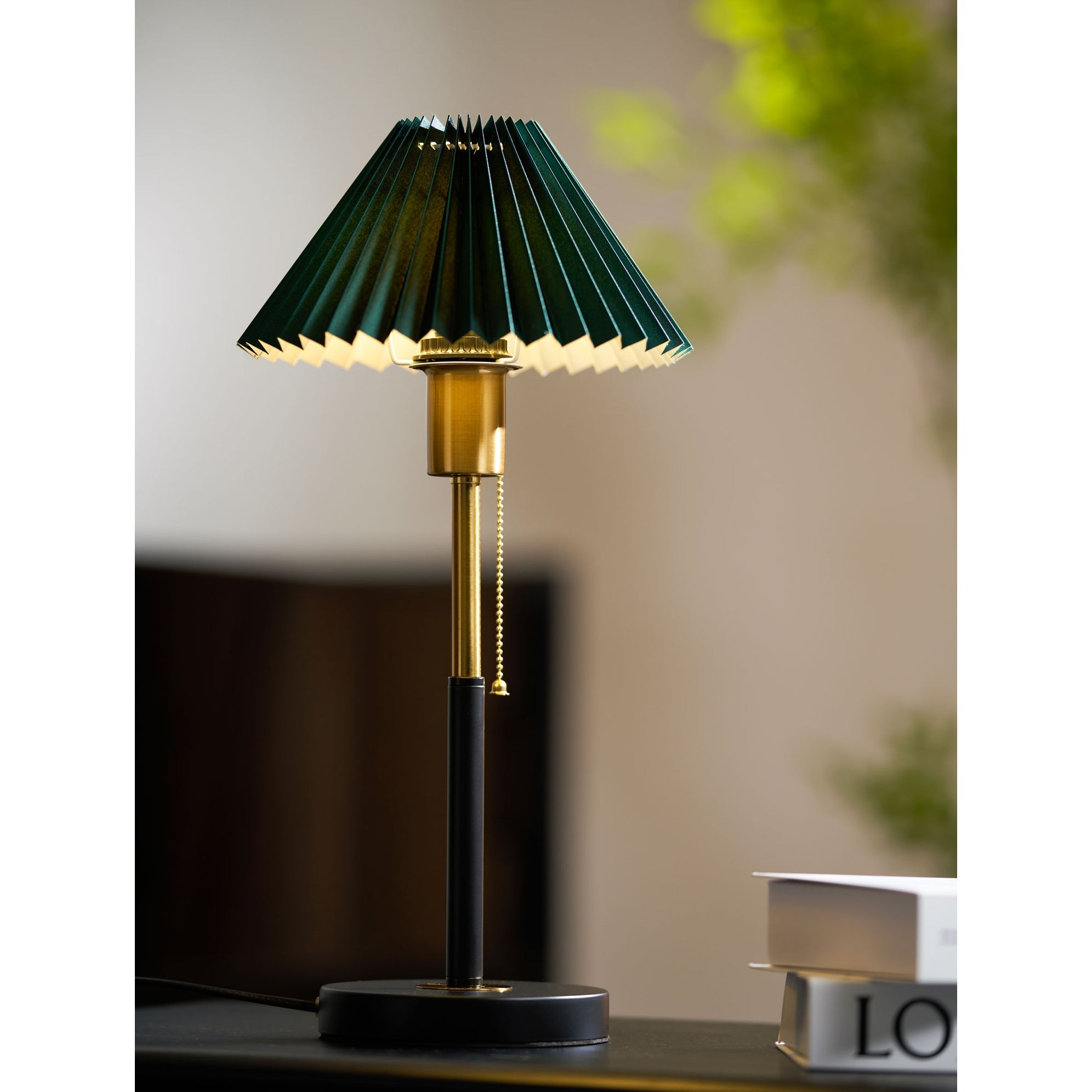 Green Pleated Shade Gold and Black Table Lamp