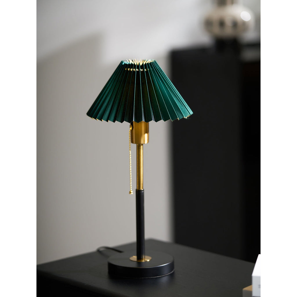 Green Pleated Shade Gold and Black Table Lamp