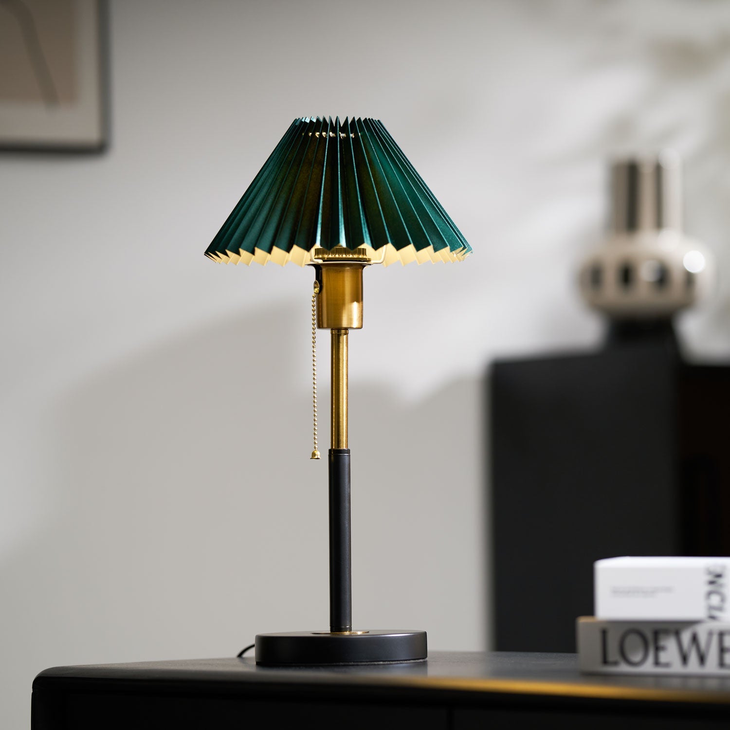 Green Pleated Shade Gold and Black Table Lamp