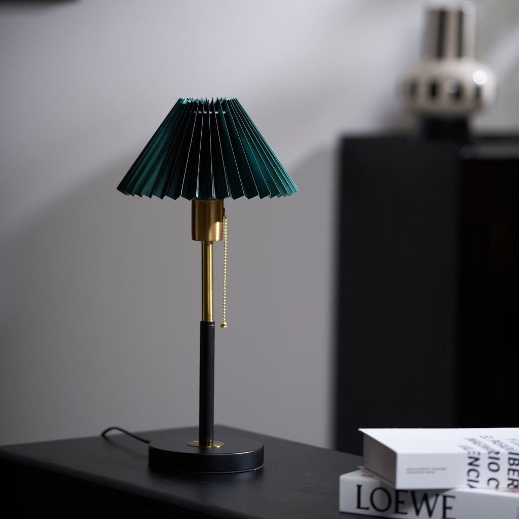 Green Pleated Shade Gold and Black Table Lamp