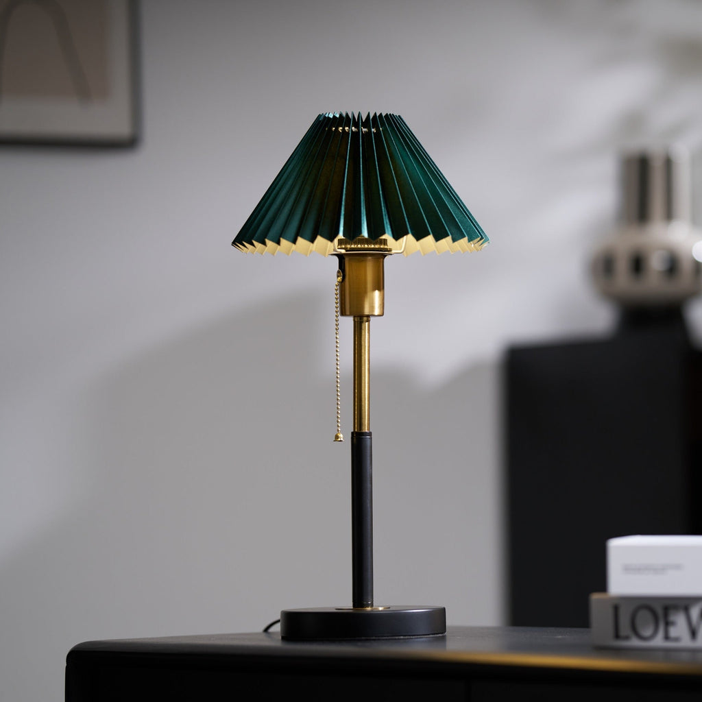 Green Pleated Shade Gold and Black Table Lamp