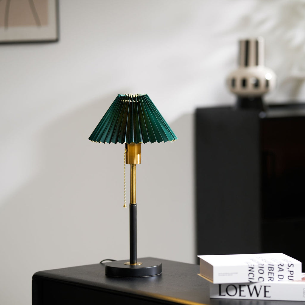 Green Pleated Shade Gold and Black Table Lamp