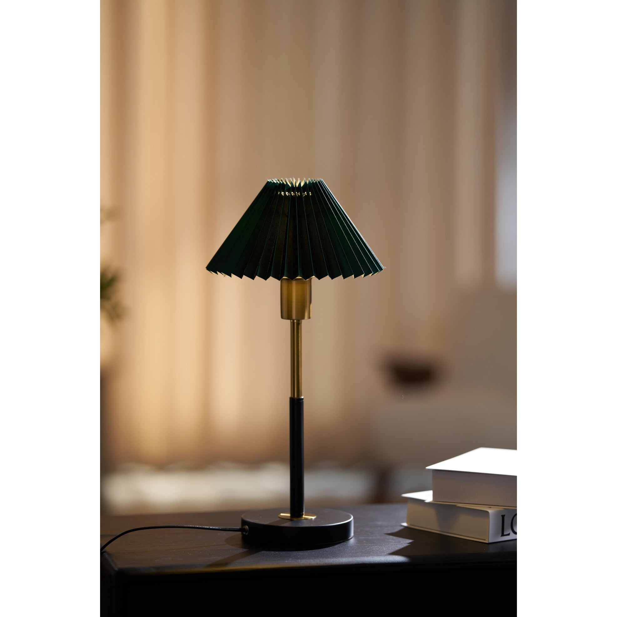 Green Pleated Shade Gold and Black Table Lamp