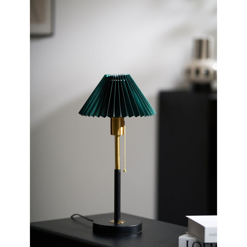 Green Pleated Shade Gold and Black Table Lamp