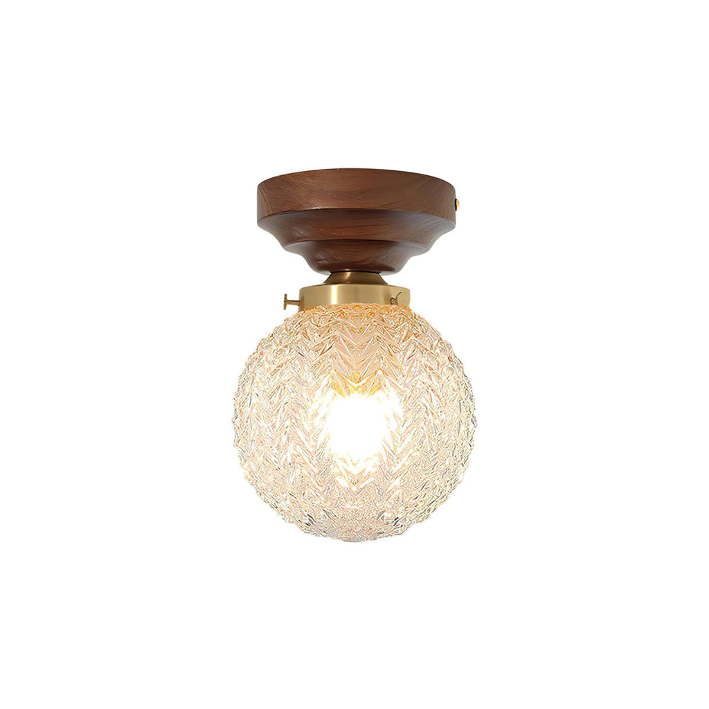 Textured Glass Globe Wood Base Ceiling Light