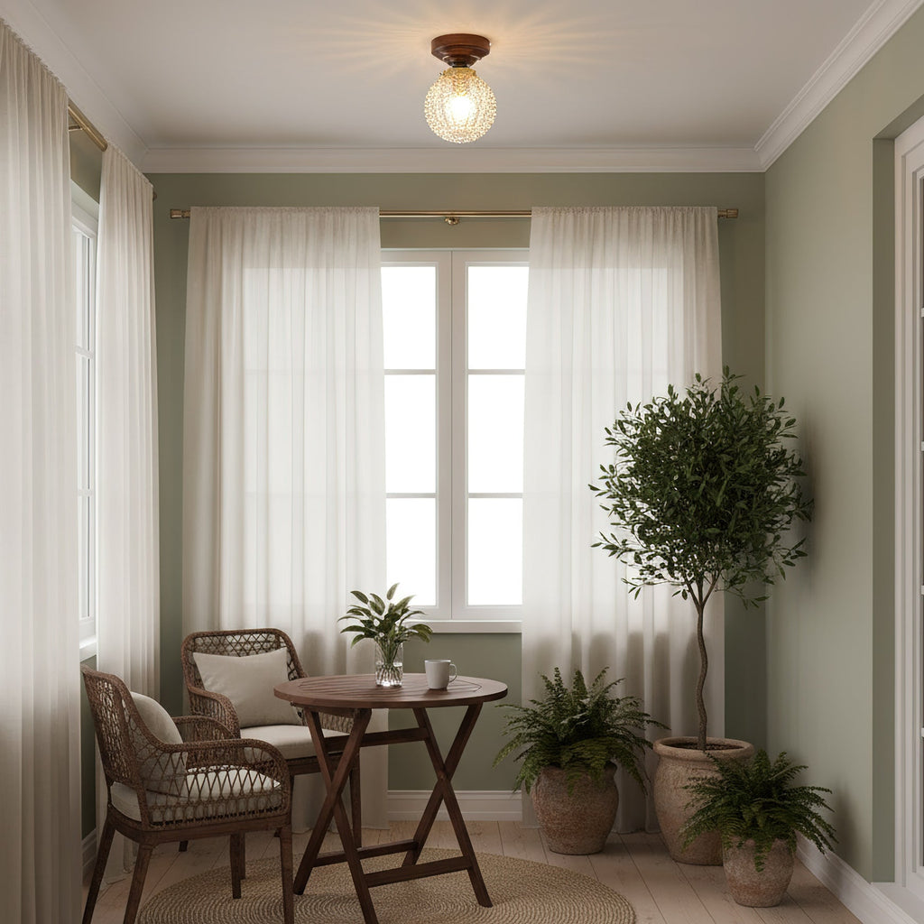 Textured Glass Globe Wood Base Ceiling Light